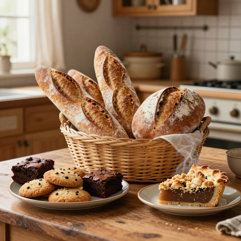 Basket of baguettes on a kitchen table with cookies, brownies, and a slice of crumb cake on plates