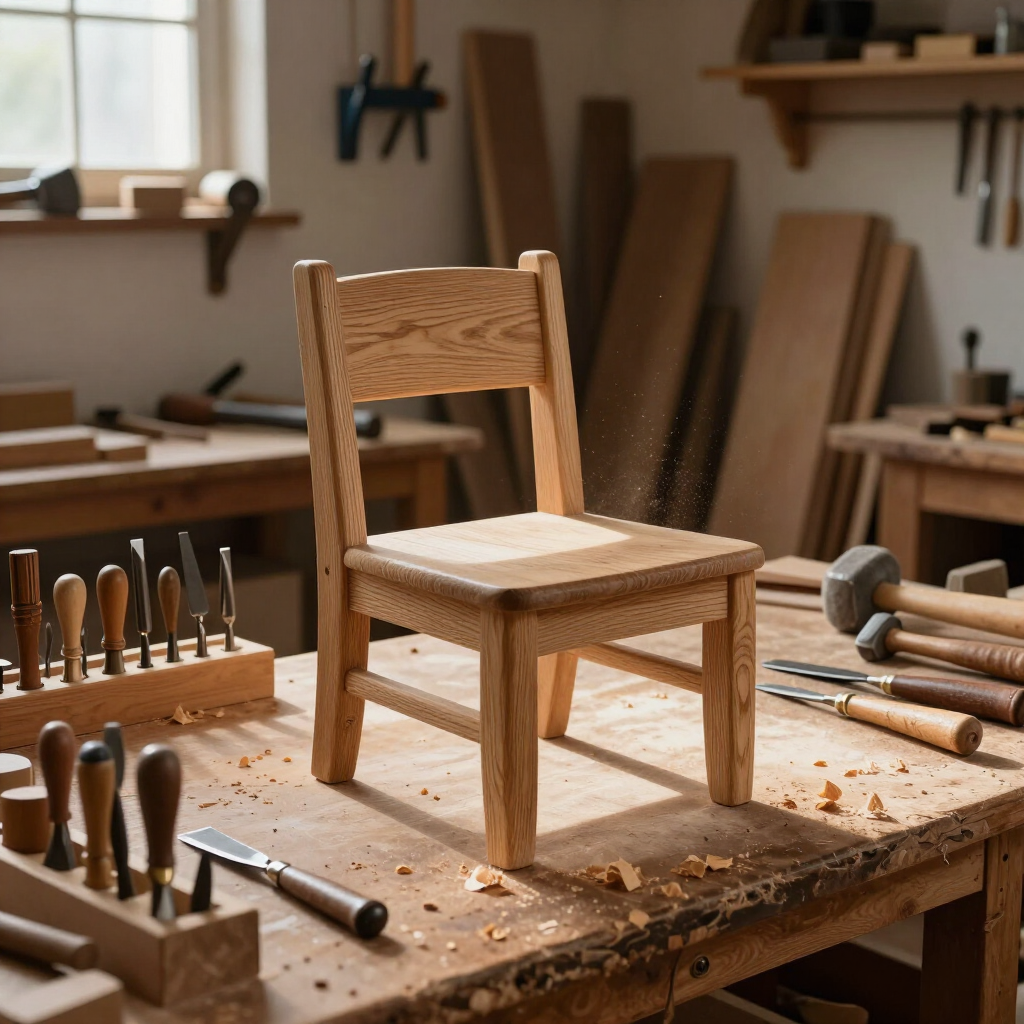 Tiny wooden chair on a workbench in a woodworking workshop, surrounded by tools and sawdust