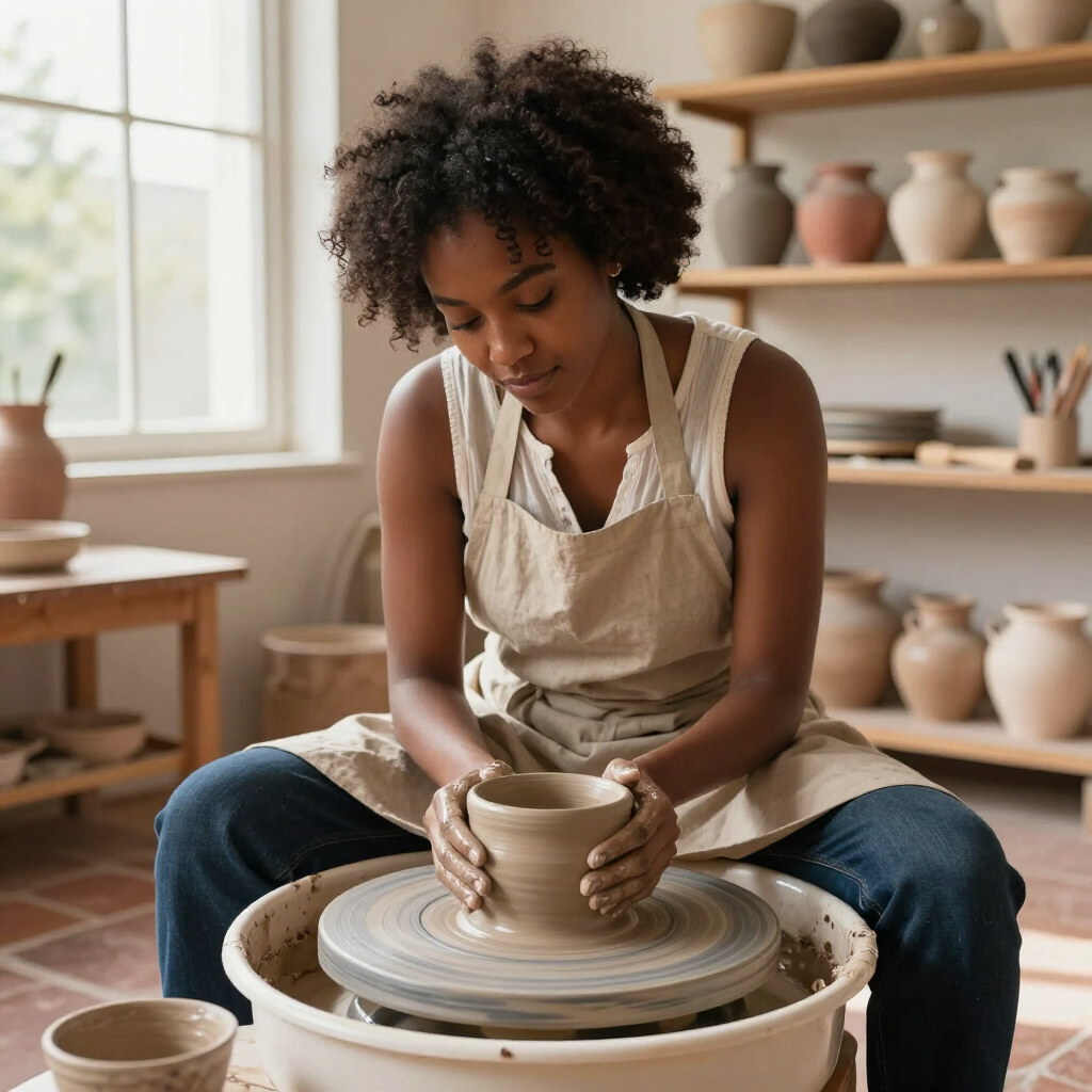 Person shaping clay on a pottery wheel in a bright studio, with shelves of pottery in the background