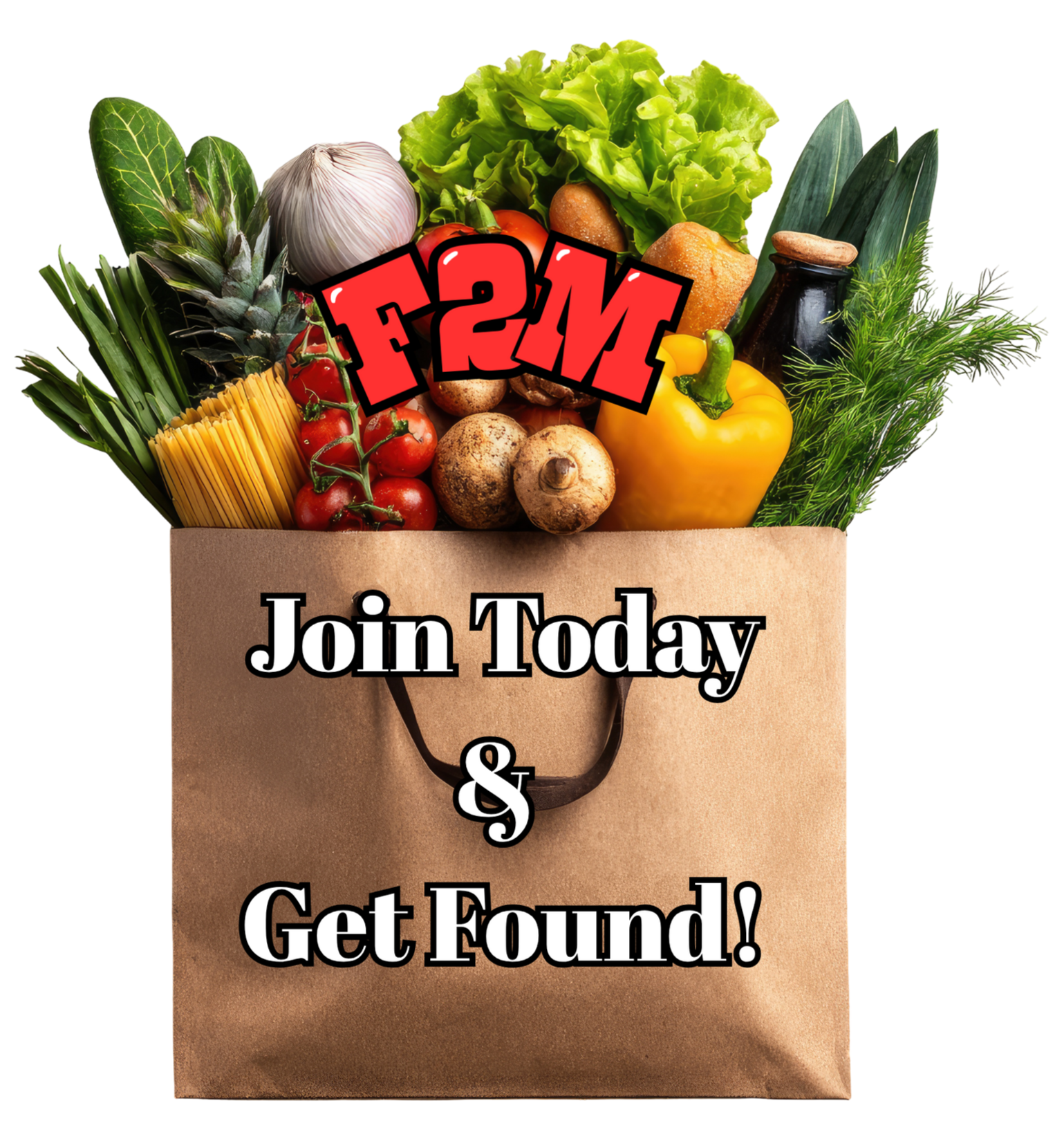 F2M grocery bag ad with fresh vegetables and “Join Today & Get Found!” text