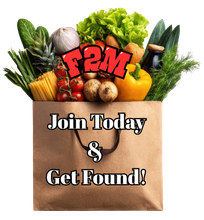 F2M grocery bag ad with fresh vegetables and “Join Today & Get Found!” text
