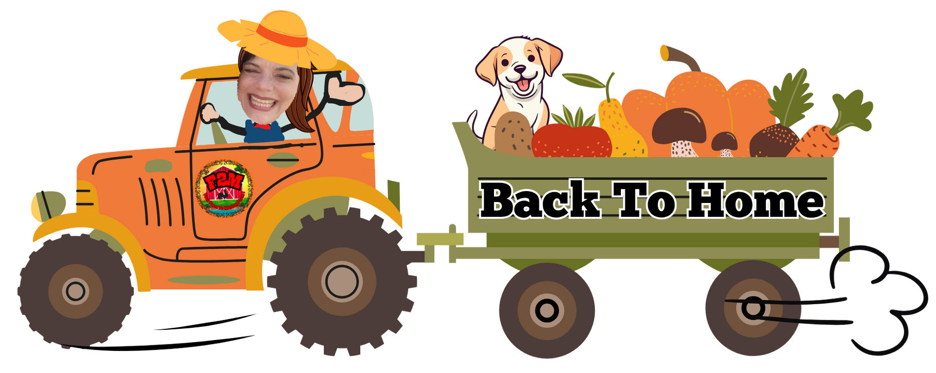 Child driving orange tractor with dog and pumpkins in trailer reading “Back To Home”