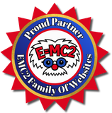 EMC2 Family of Webbies logo: red sunburst, blue ring, cartoon face, and “Proud Partner” text