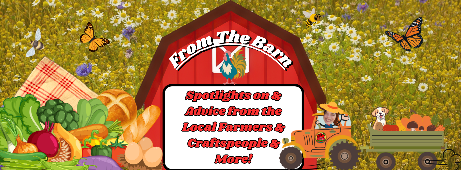 Colorful farm-themed school banner with vegetables, a red barn, butterflies, and a tractor on a grassy background