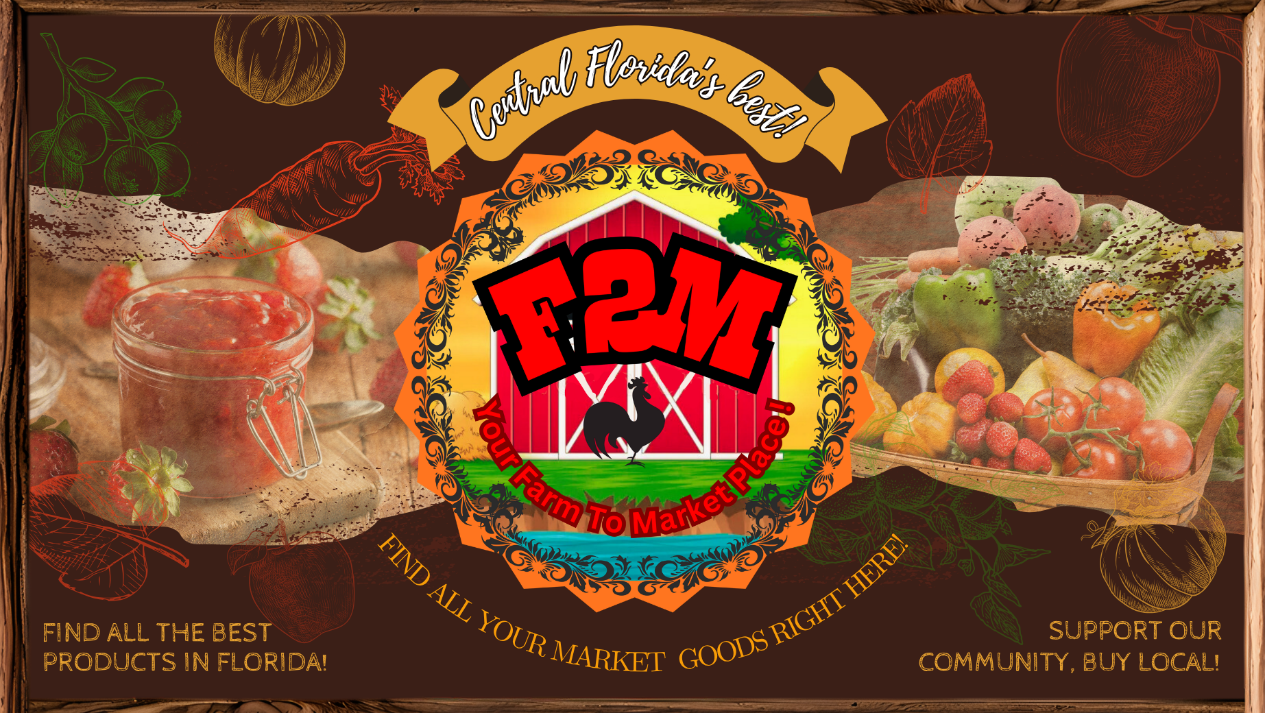 F2M logo centered on a brown food-themed label with red text and fruit and vegetable jars on both sides