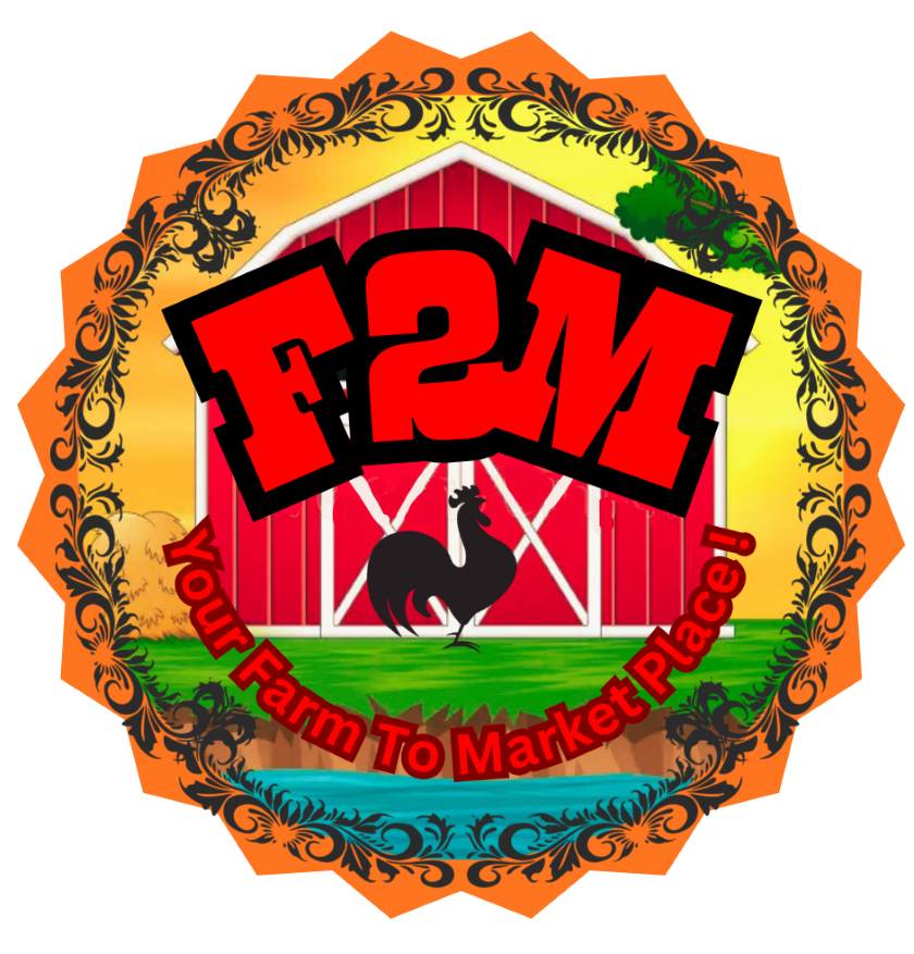 F2M logo with rooster in a red barn scene, colorful floral border, and “Your Farm To Market Place” text
