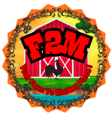 F2M logo with rooster in a red barn scene, colorful floral border, and “Your Farm To Market Place” text