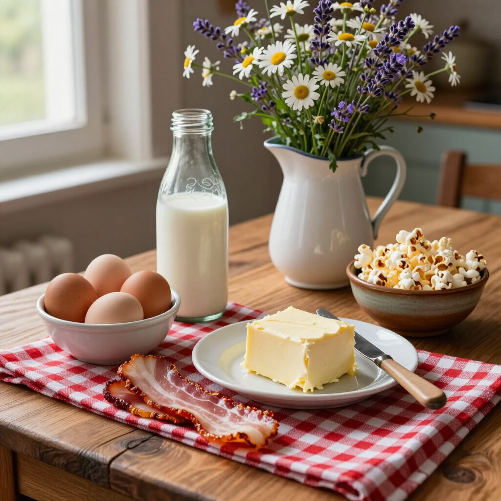Breakfast spread on a checkered cloth: eggs, milk, bacon, butter, popcorn, and wildflowers in a white pitcher.