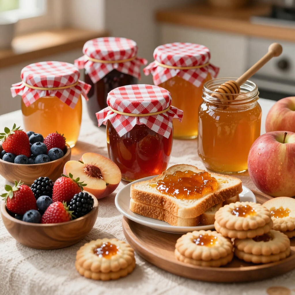 Jars of fruit jam, toast, honey, berries, and pastries on a breakfast table