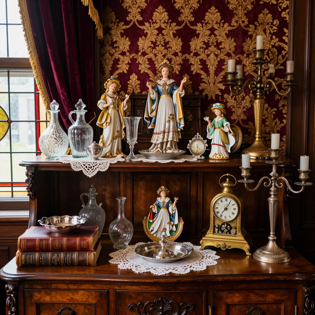 Victorian mantel display with porcelain figurines, brass candelabra, clock, and books on a carved wooden dresser