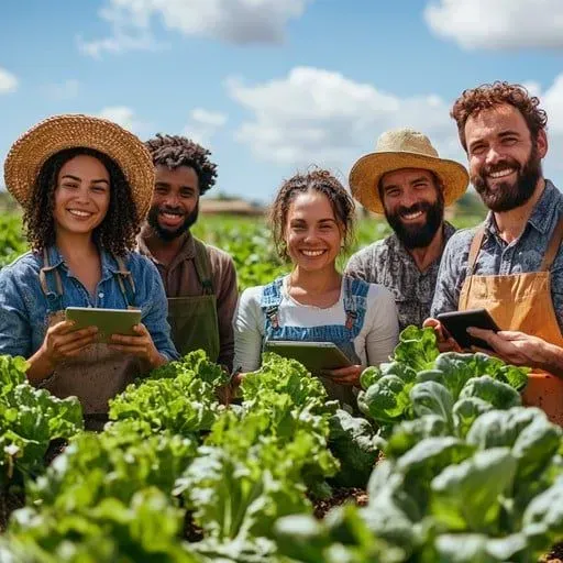Five smiling farm workers holding tablets in a green vegetable field under a sunny sky