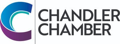 The chandler chamber logo is a blue and purple logo with a c and the words chandler chamber.