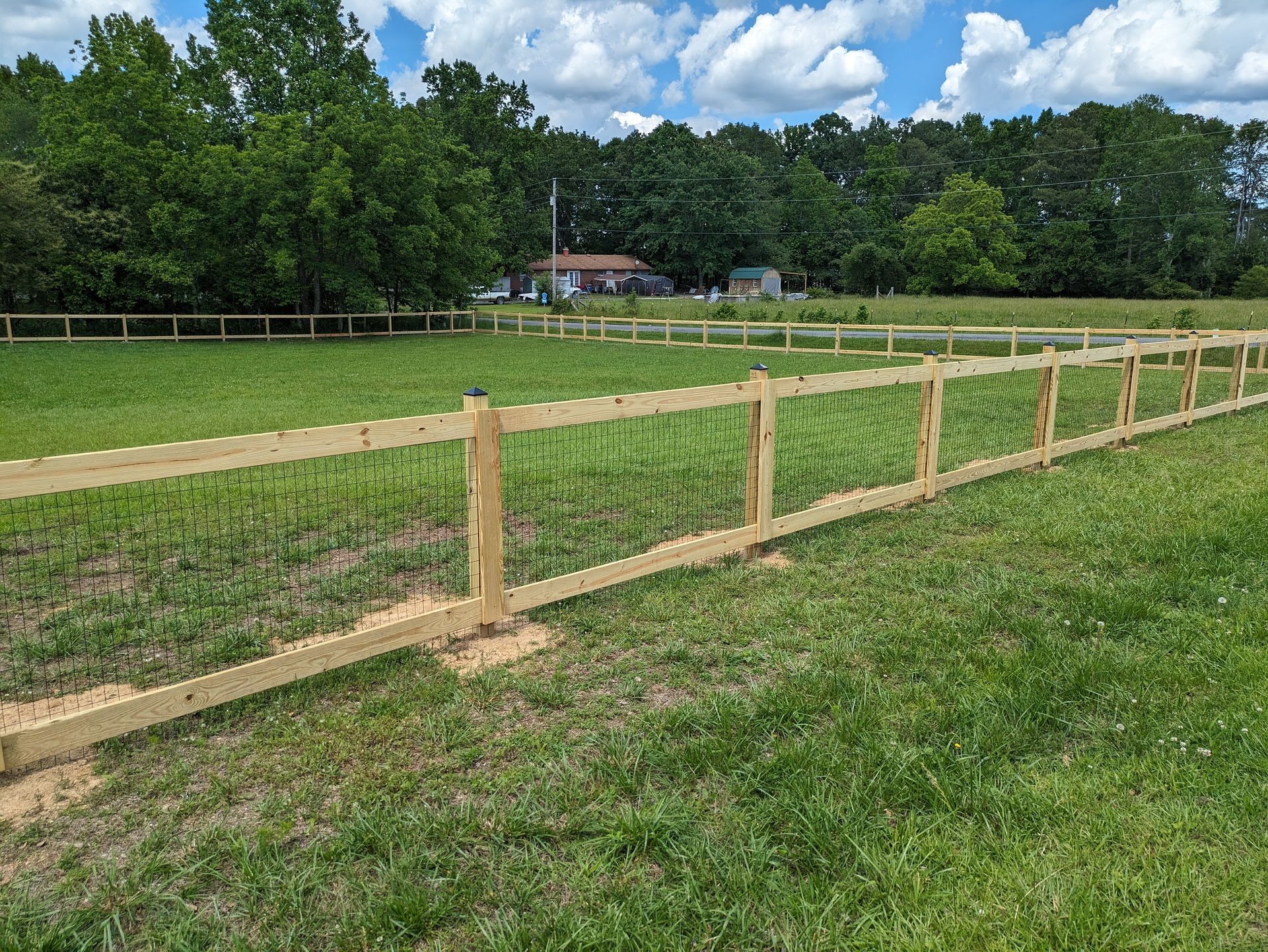 A wooden fence surrounds a grassy field with trees in the background.