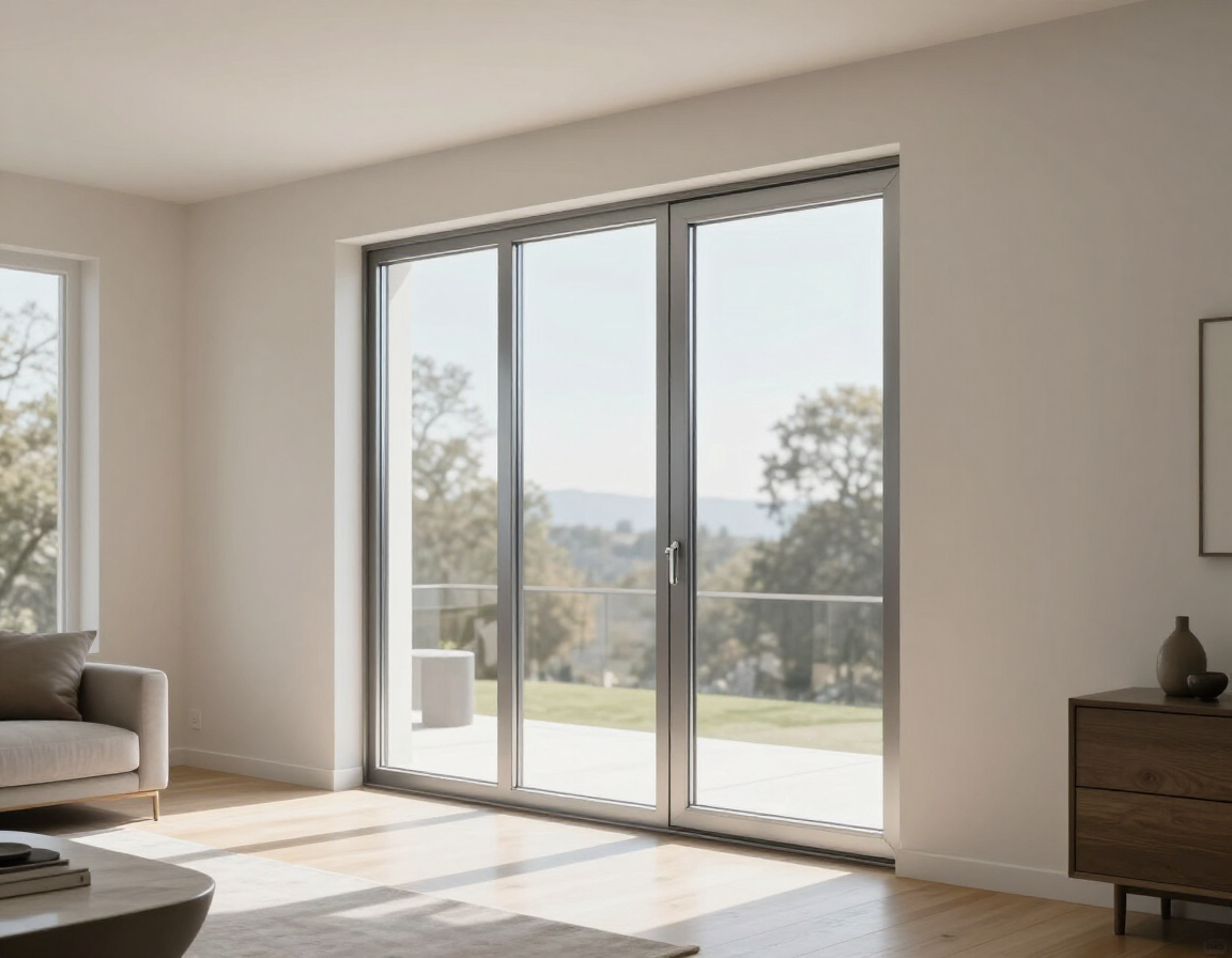 Ampio salotto moderno con serramenti in alluminio e luce naturale diffusa.