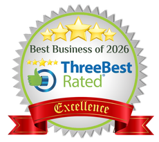 Silver badge logo reading “Best Business of 2026” and “ThreeBest Rated” with red “Excellence” ribbon