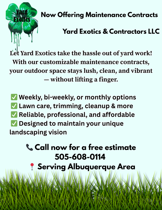 A flyer for yard exotics and contractors offering maintenance contracts.