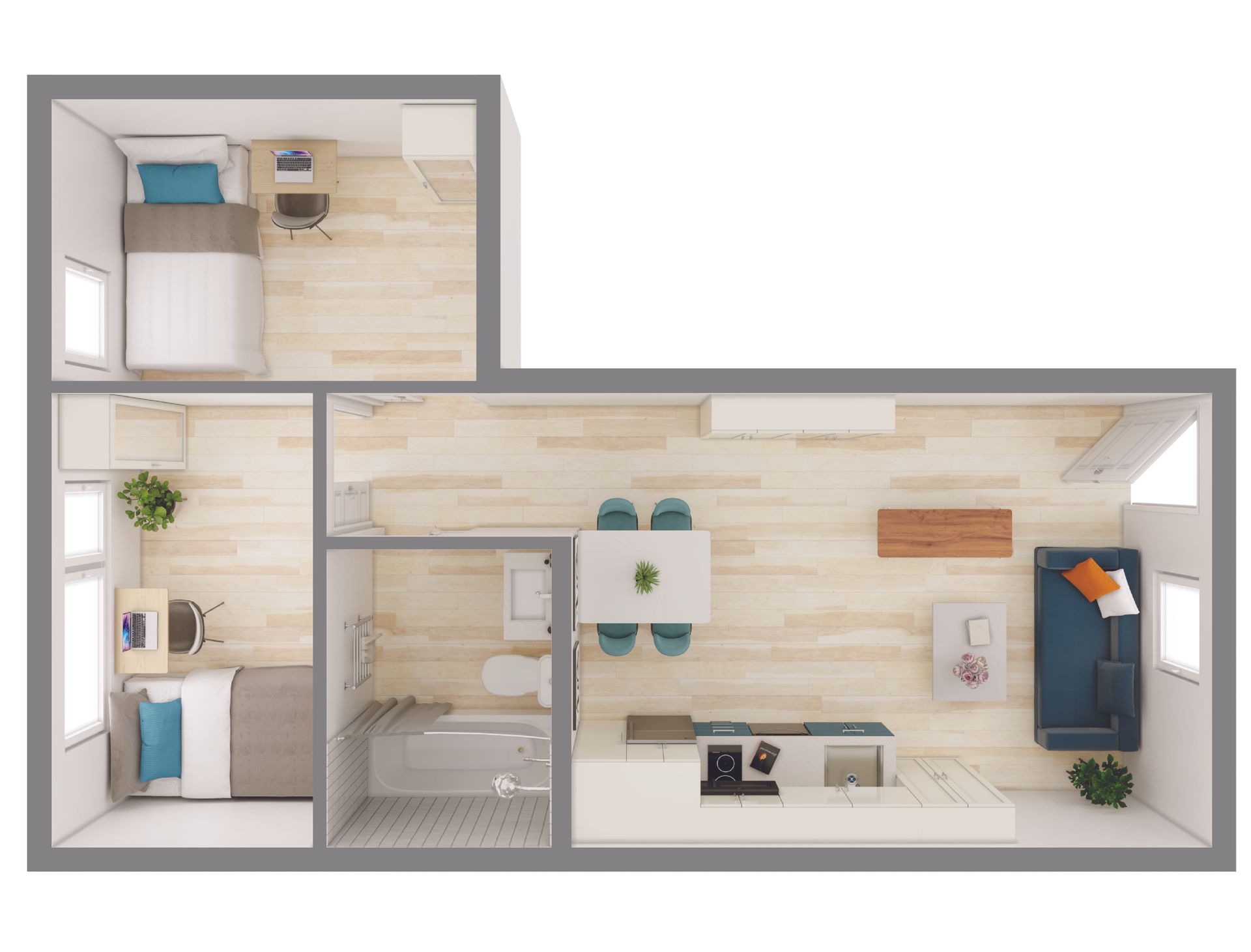 2 Bedroom Floor Plan - 3D Version