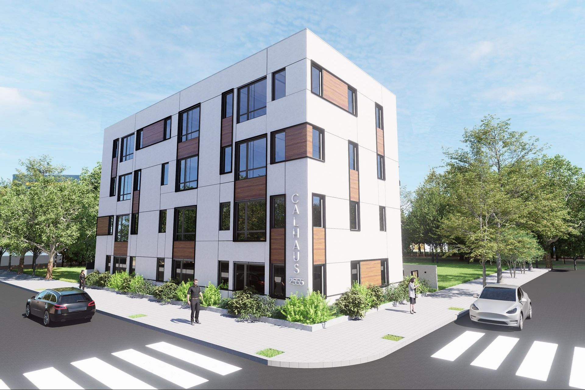 An artist 's impression of a building with cars parked in front of it