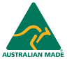 Australian Made logo with green triangular emblem and yellow kangaroo, on white background