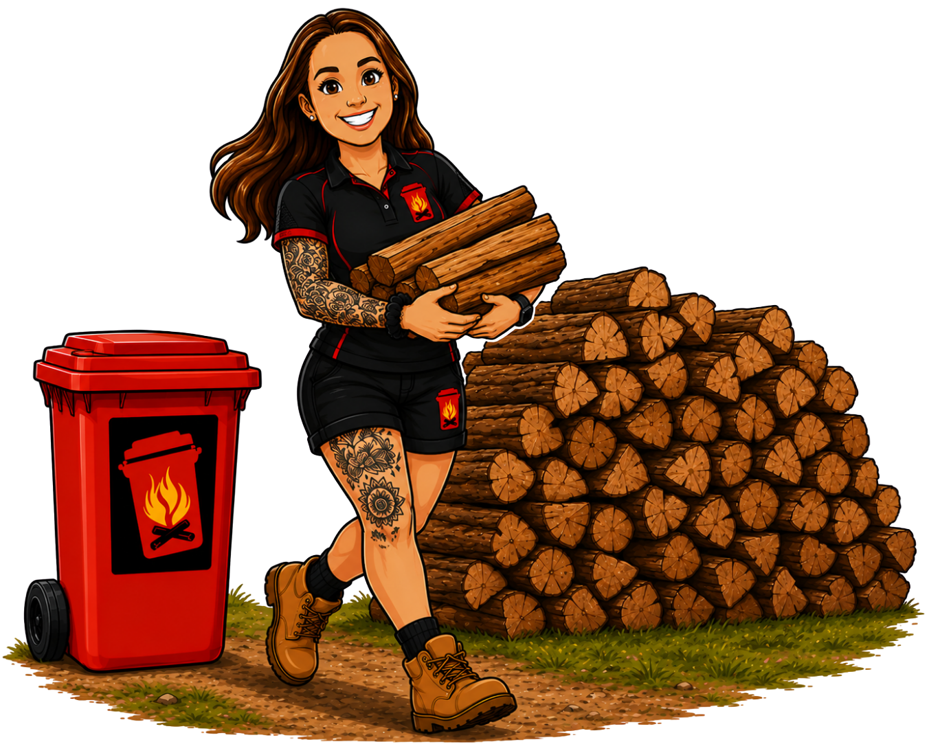 Ryans Wheelie Wood team member carrying firewood beside a red firewood bin and a stacked woodpile outdoors.