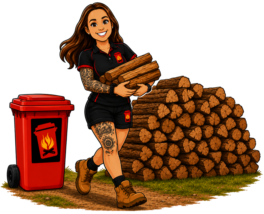 Ryans Wheelie Wood team member carrying firewood beside a red firewood bin and a stacked woodpile outdoors.