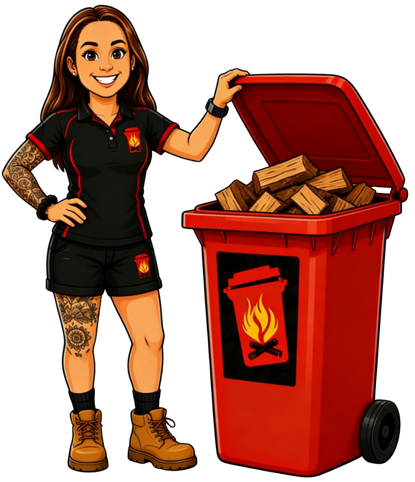 Woman in black uniform stands beside a red bin filled with wood, with a flame symbol on the front.