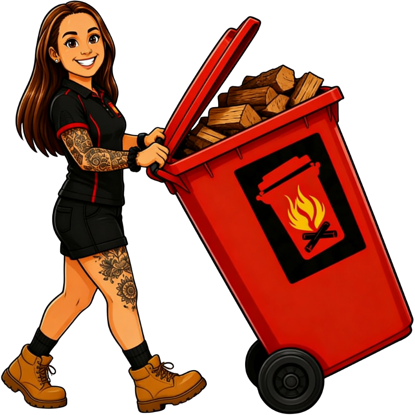 Woman pushing a red bin of firewood, with a flame symbol on the front.