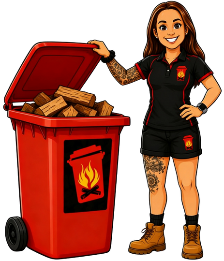 Woman in black uniform stands beside a red fire bin filled with wood
