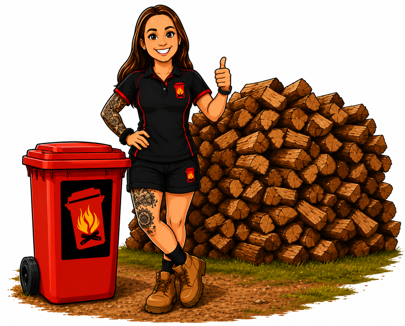 Ryans Wheelie Wood team member carrying firewood beside a red firewood bin and a stacked woodpile outdoors.