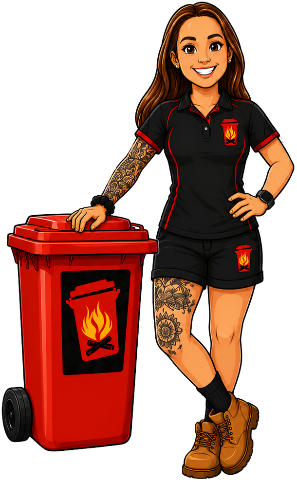 Ryans Wheelie Wood team member in black uniform with red accents stands beside a red wheeled firewood wheelie bin.