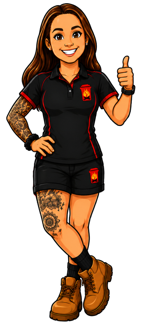 Cartoon Ryans Wheelie Wood team member in black sports uniform, smiling and giving a thumbs up, with a tattoo and boots.