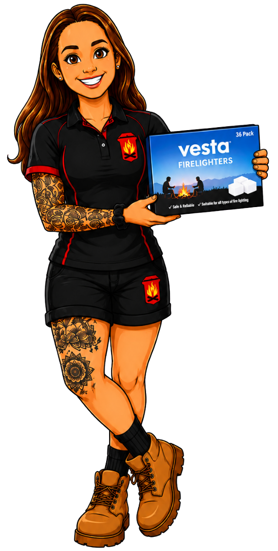 Woman in black outfit holding a blue Vesto box, smiling and standing against a white background.