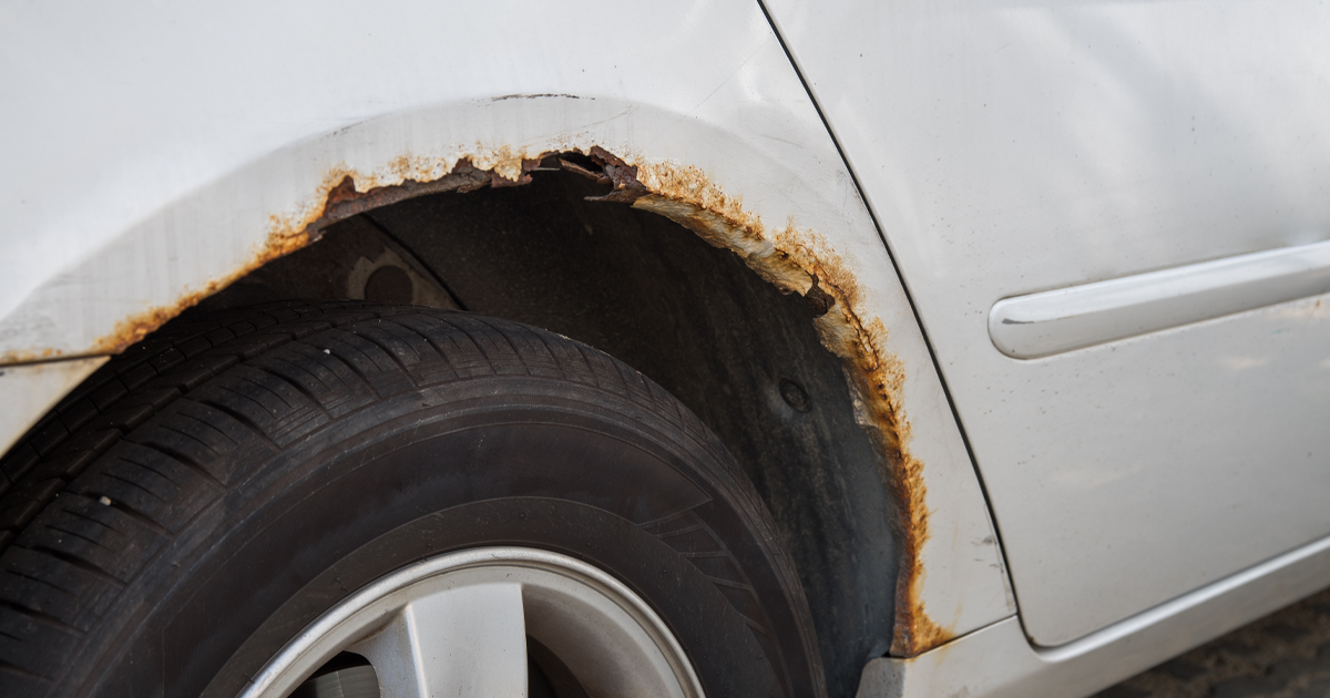 Up close to rust on white car wing above tire | F & M Automotive Body & Repair