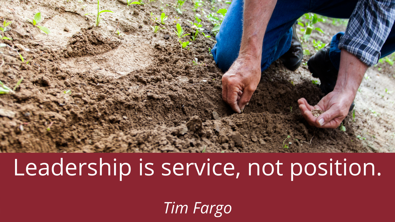 Person planting seeds in soil with text: