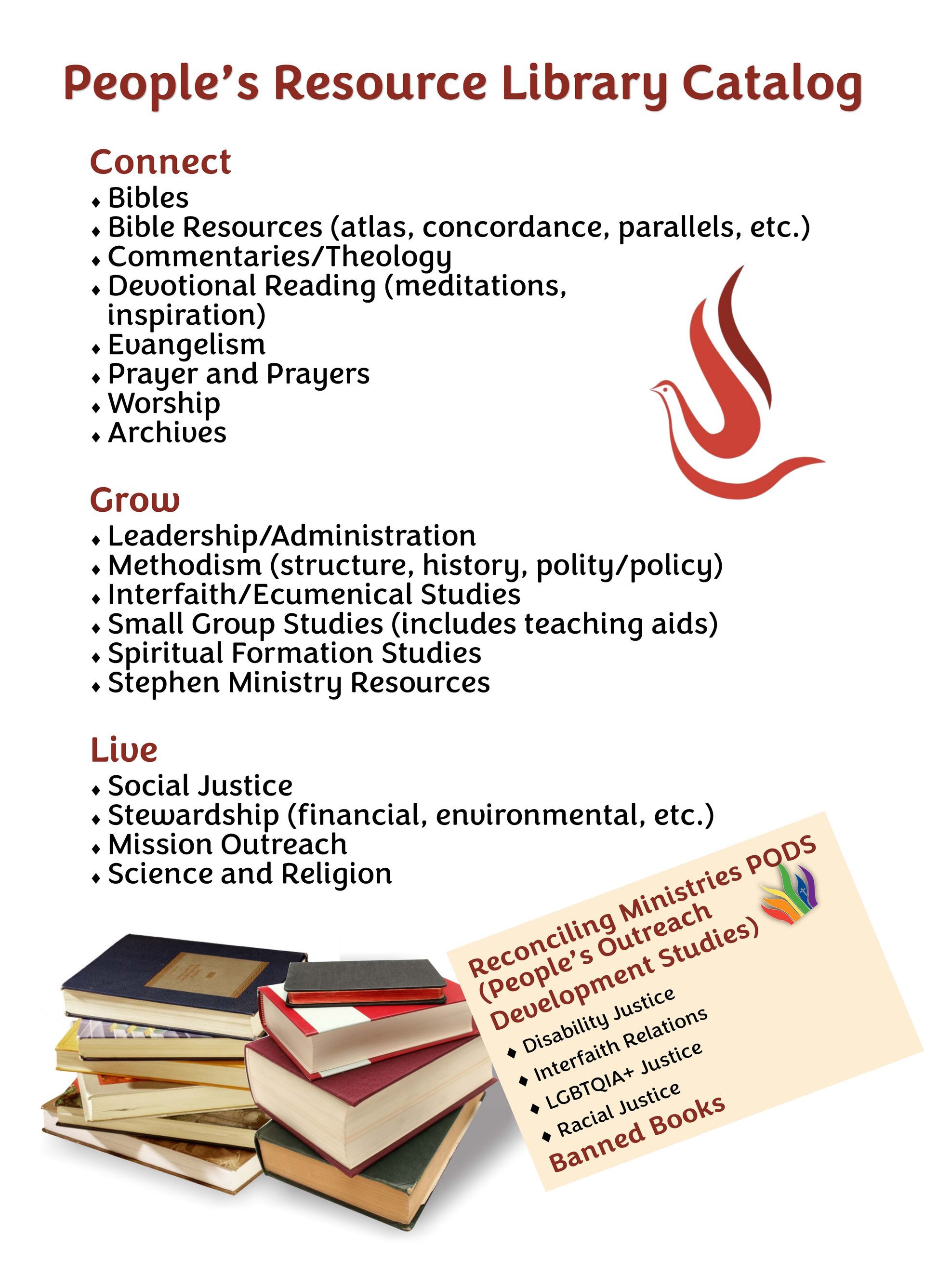 Catalog for People's Resource Library with categories: Connect, Grow, and Live. Book stacks and card.