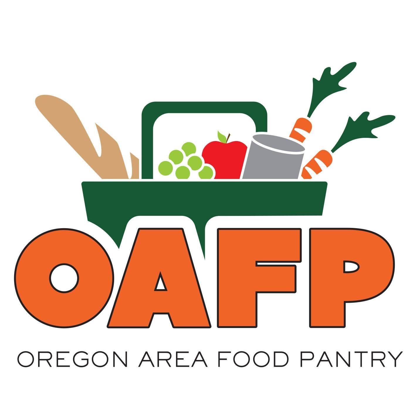 Logo of Oregon Area Food Pantry: Green basket of food, orange letters,