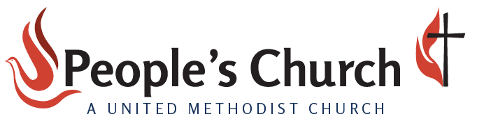 Logo for People's Church: flame and dove graphic, cross graphic, church name, 