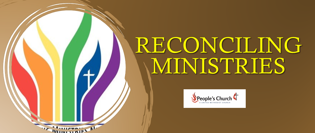 Logo for Reconciling Ministries, with rainbow-colored flames and a cross, text against brown background.