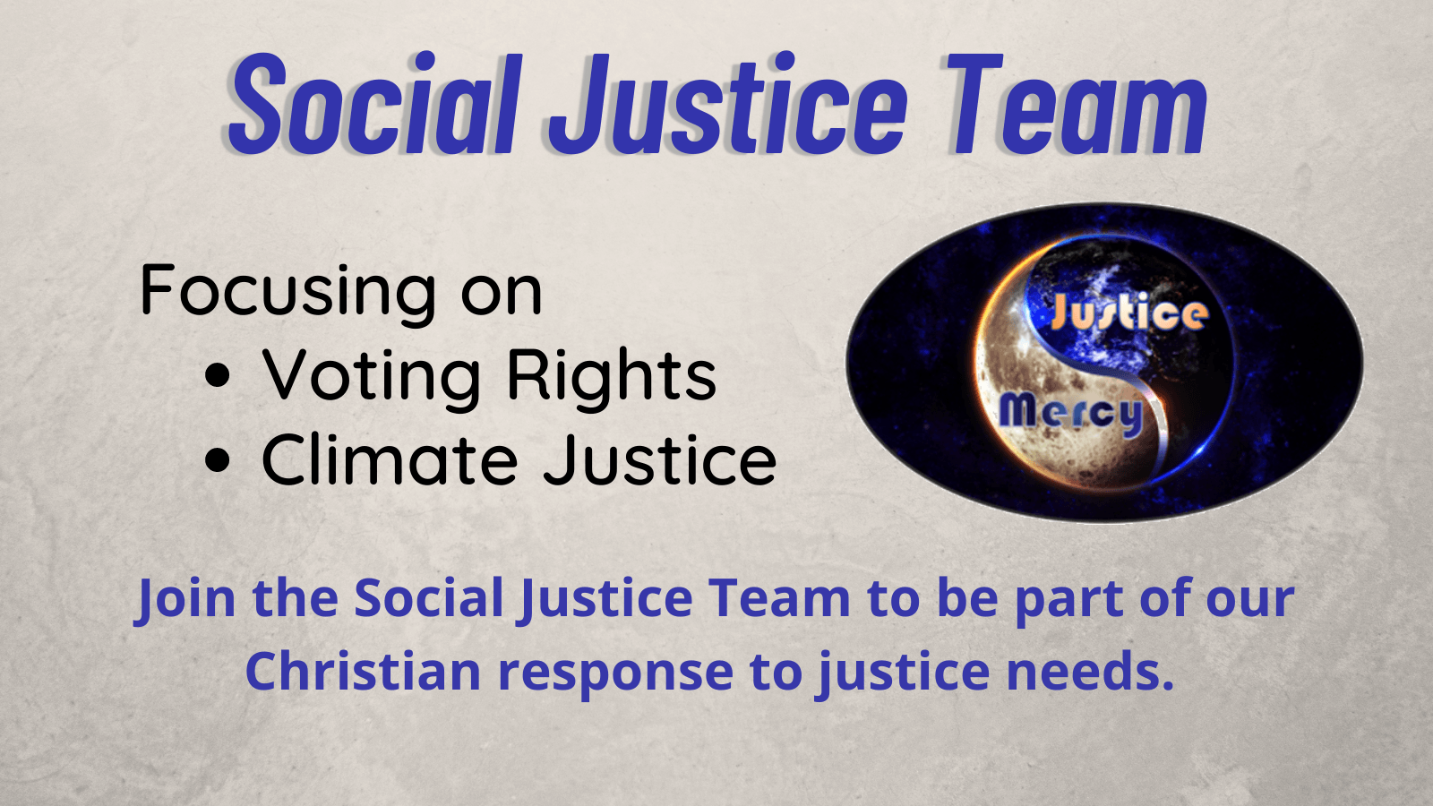 Social Justice Team graphic: Focusing on voting rights and climate justice, promoting Christian response.