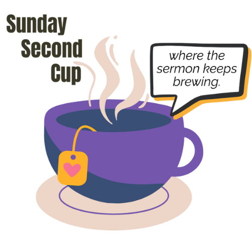 Illustration of a purple mug with steam, a teabag, and text reading 