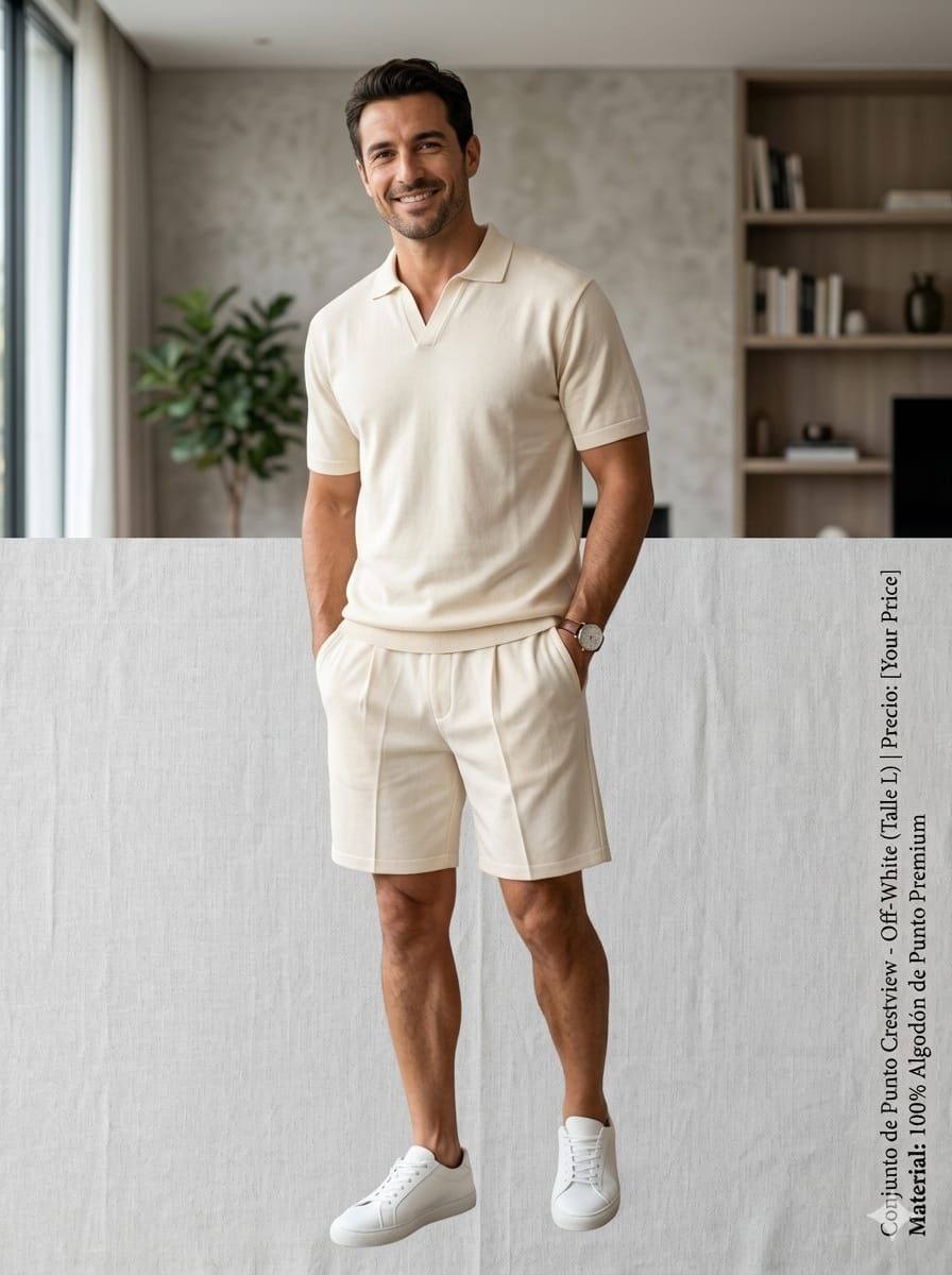 CONJUNTO DE PUNTO  CRESTVIEW PARA HOMBRE COLOR OFF-WHITE CON POLO DE CUELLO ABIERTO Y BERMUDA DE ALGODÓN PREMIUM.