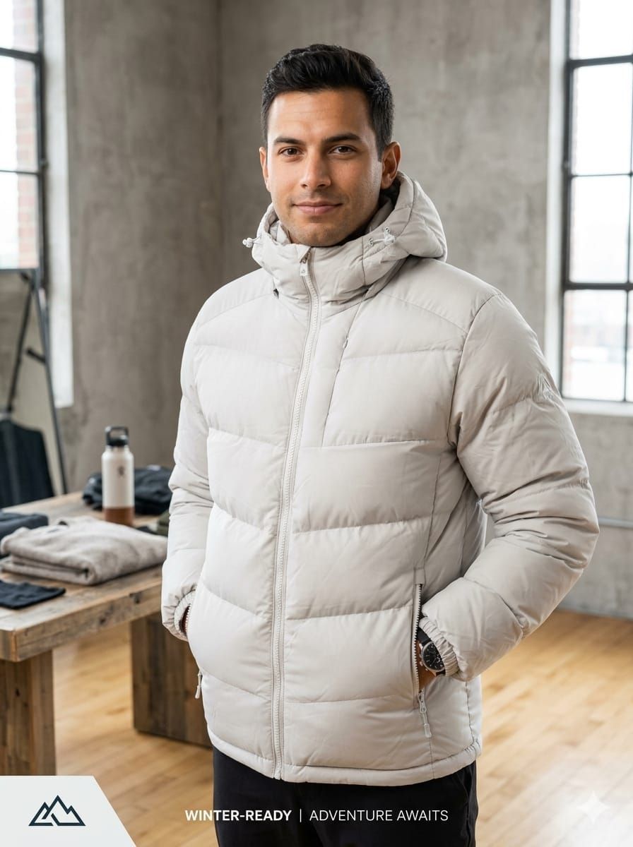 Persona con una chaqueta acolchada blanca de pie en una habitación luminosa de estilo loft, con las manos en los bolsillos.