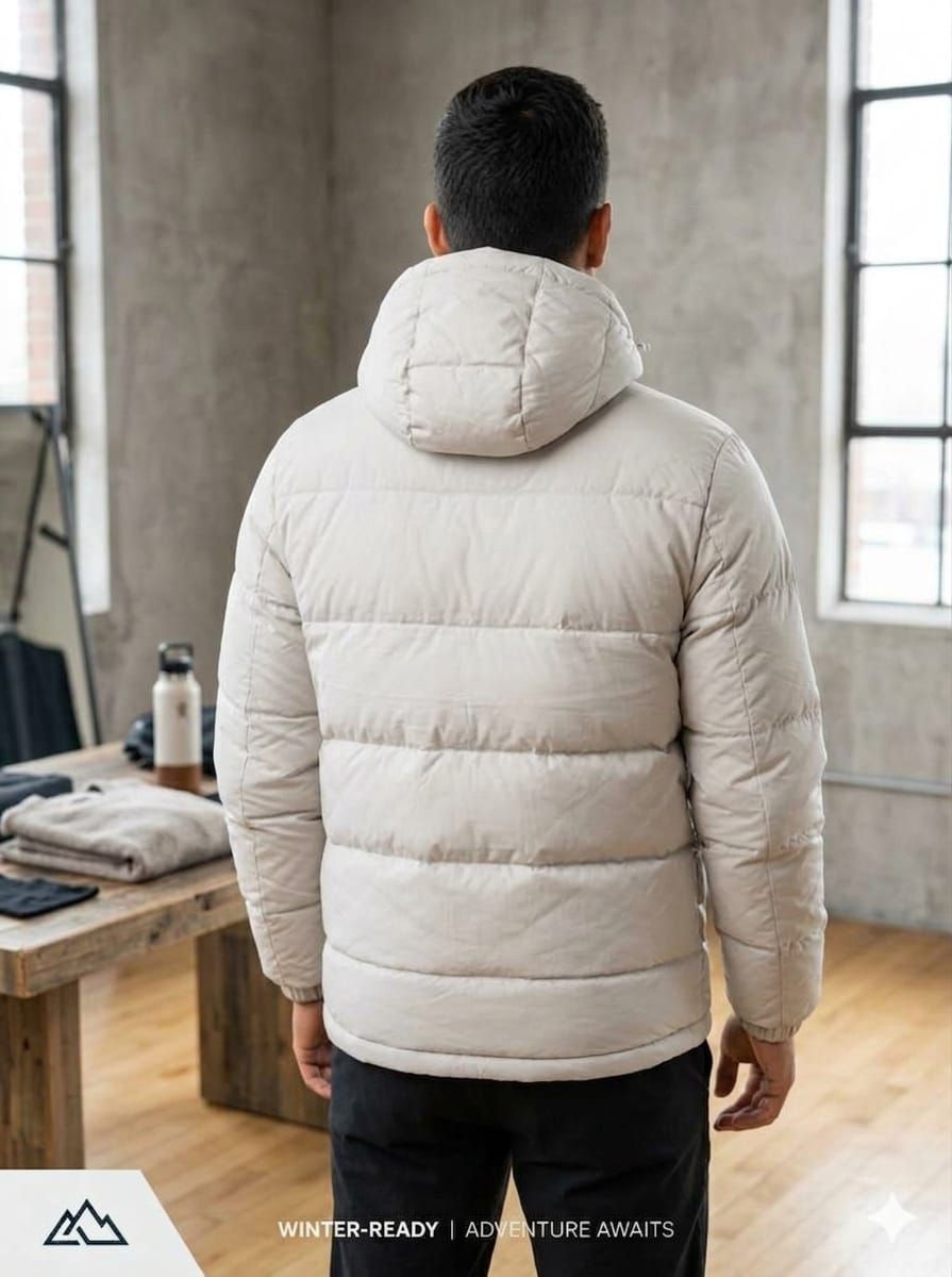 Persona con una chaqueta acolchada blanca de pie en una habitación luminosa de estilo loft, con las manos en los bolsillos.