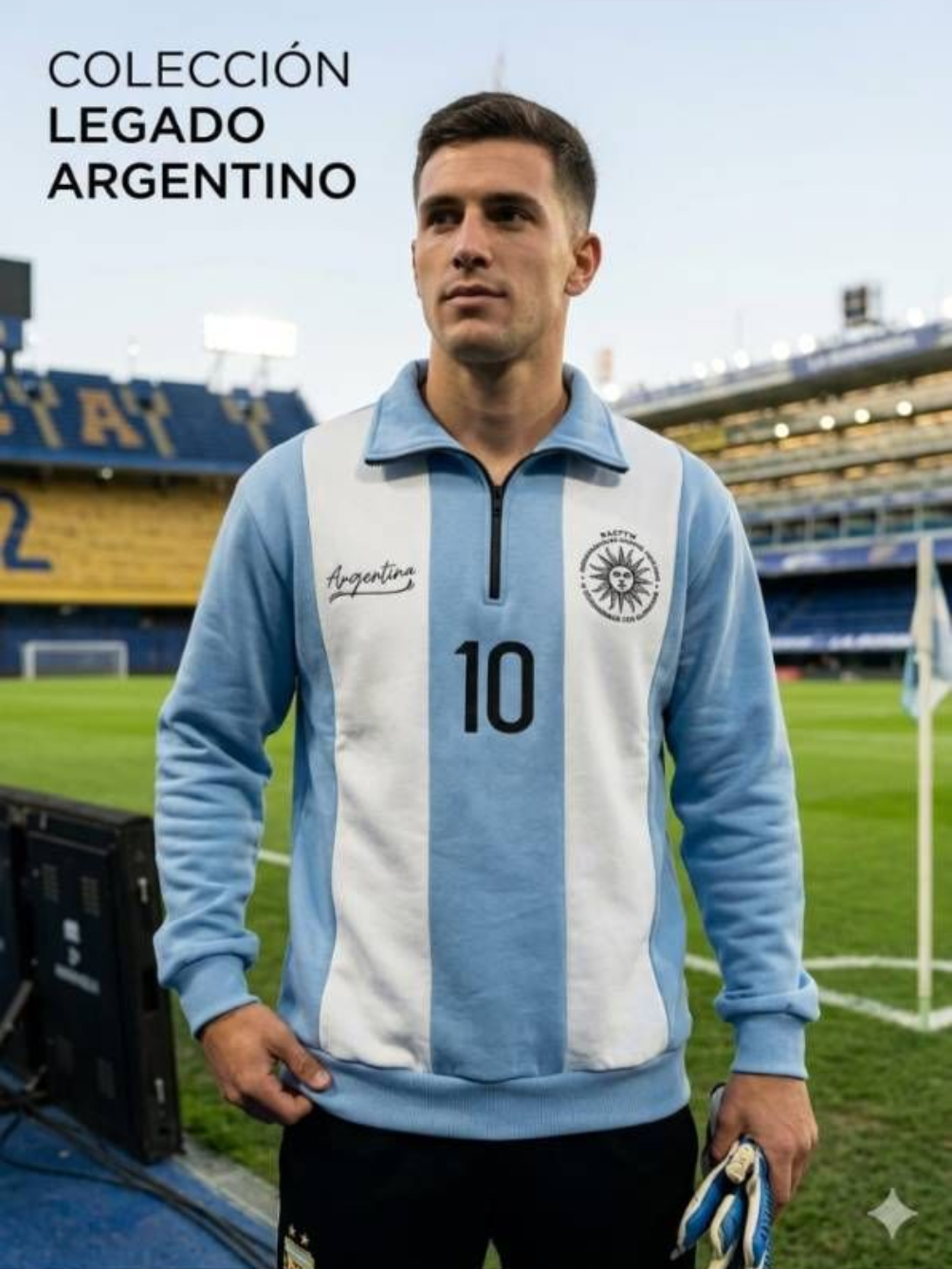 Jugador de fútbol con la camiseta azul celeste y blanca de Argentina con el número 10, de pie en el césped de un estadio.