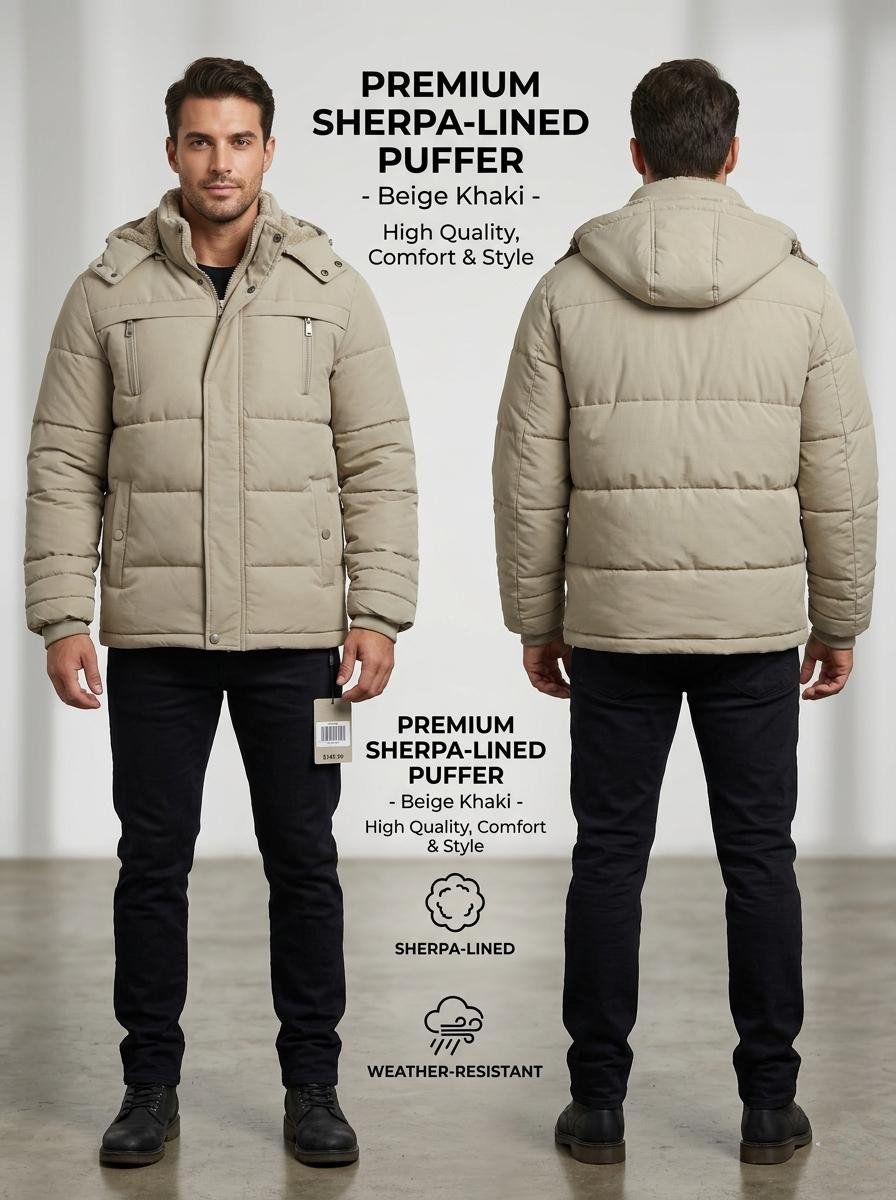 Hombre con una chaqueta acolchada beige, vista frontal y trasera sobre un fondo blanco de exhibición de productos.