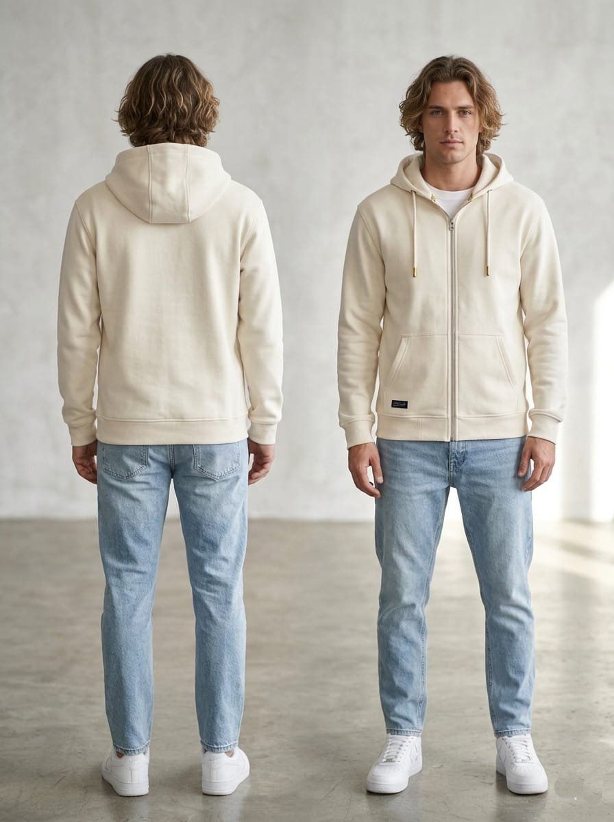 Modelo con sudadera color crema, vaqueros azul claro y zapatillas .
