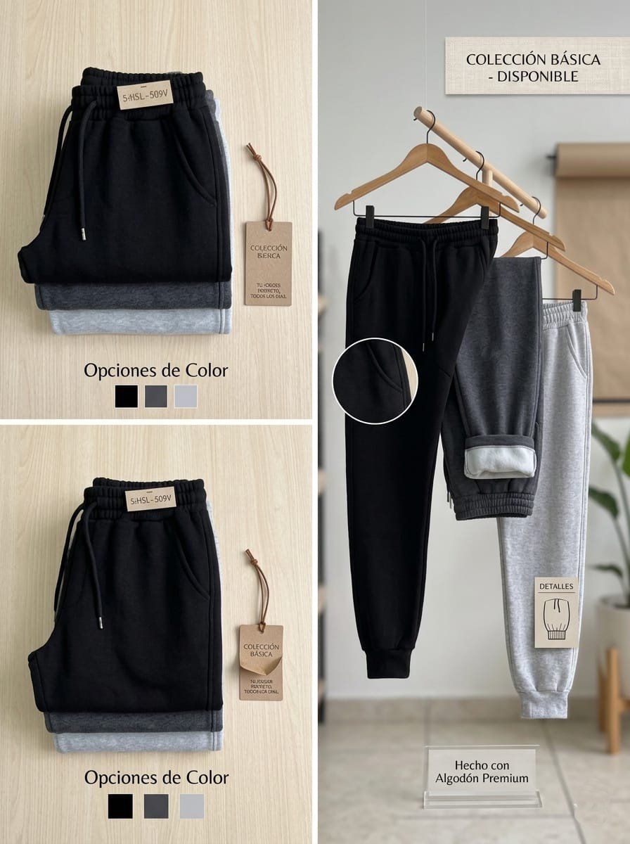 Pantalones deportivos negros y grises expuestos en perchas con etiquetas de talla sobre un fondo claro.