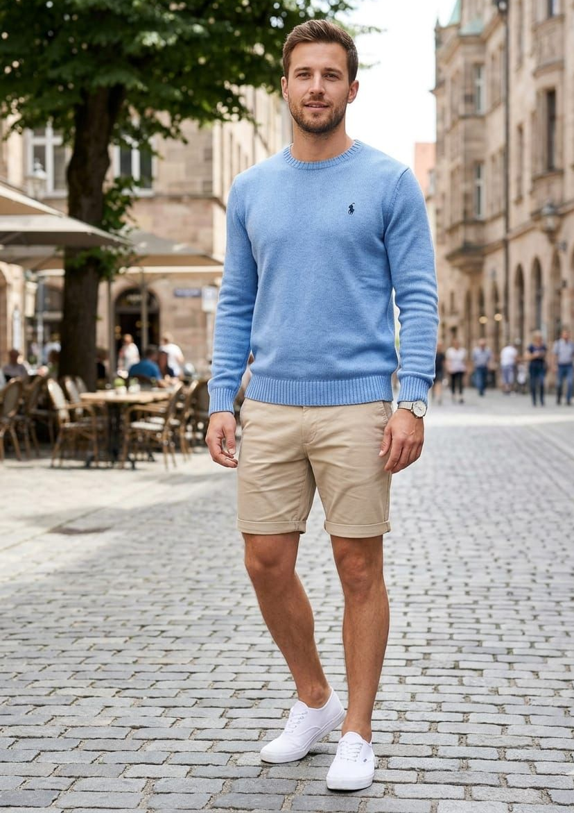Hombre con suéter azul claro y pantalones cortos beige de pie en una calle empedrada al aire libre