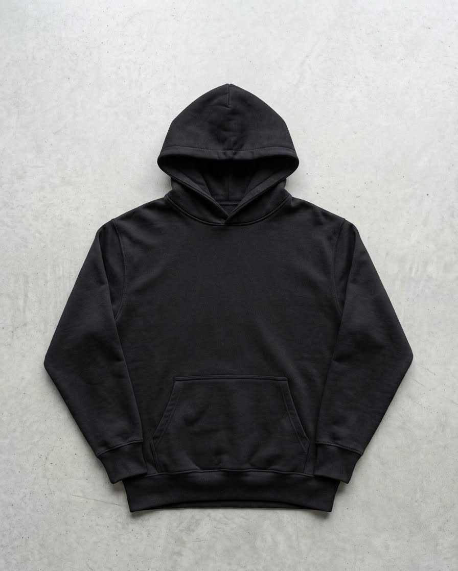 Hombre de pie en un estudio gris, vistiendo una sudadera con capucha negra, pantalones oscuros y zapatillas blancas.