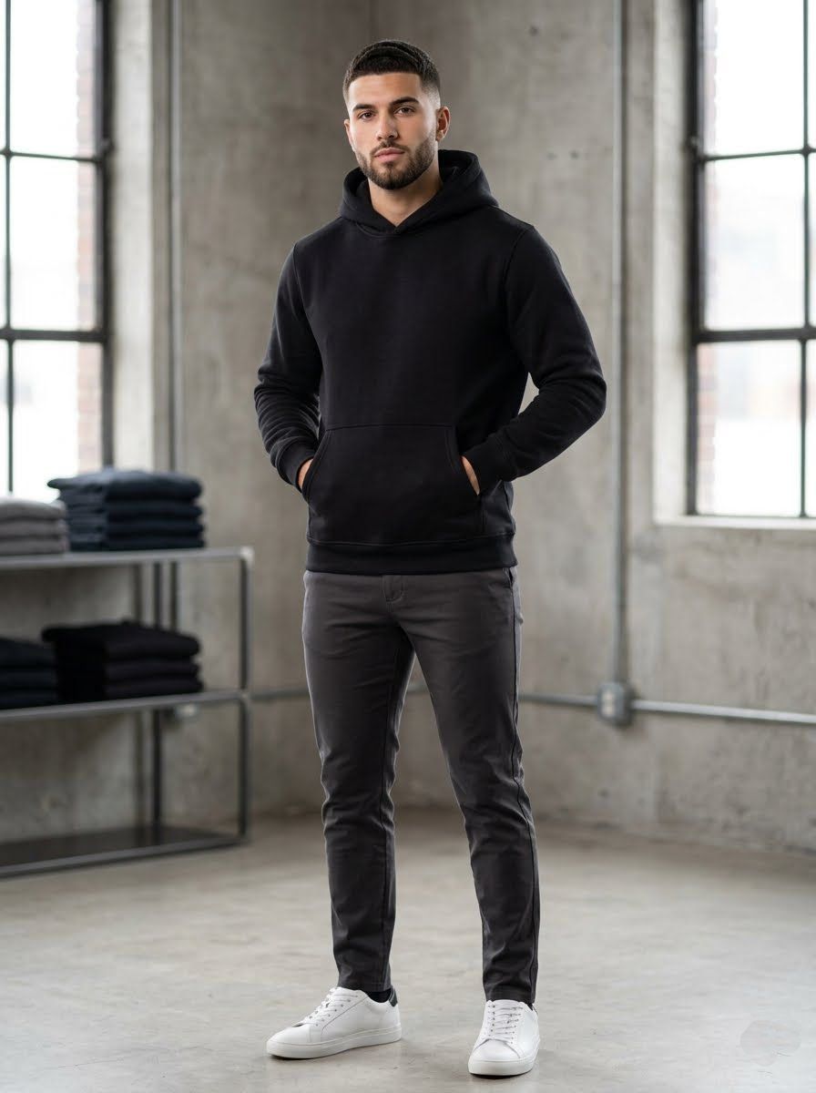Hombre de pie en un estudio gris, vistiendo una sudadera con capucha negra, pantalones oscuros y zapatillas blancas.
